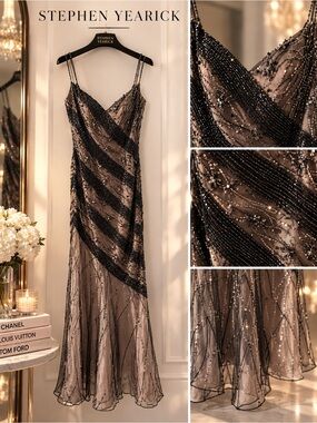 Stephen Yearick Black and Beige Beaded Asymmetrical Slip Dress